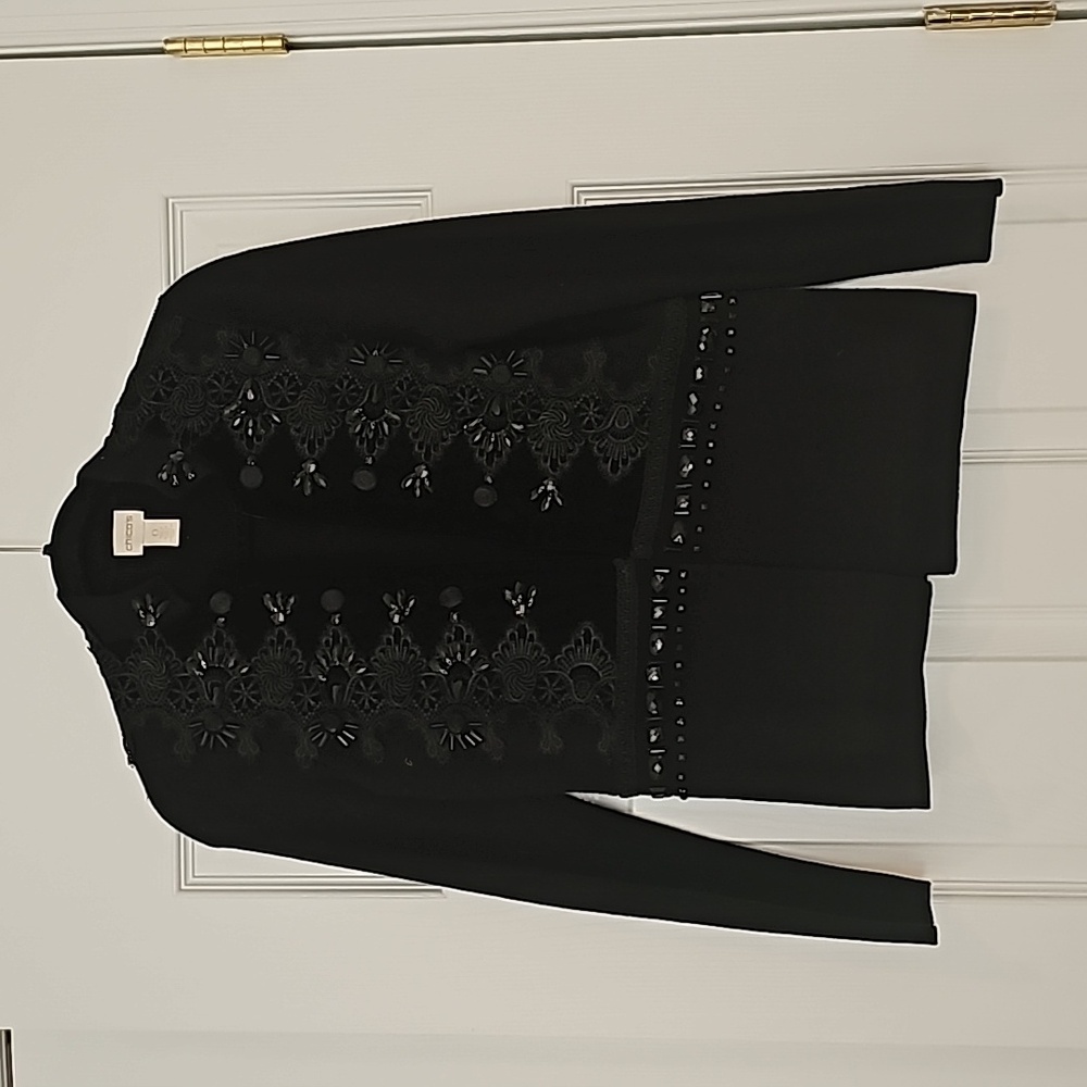 Chico's Black Knit Sweater Jacket W/Velvet and Beading on front. Size 0